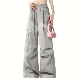 TEMU 여성용 그레이 카고 팬츠, 보우 디테일 포함 - 하이 웨이스트, 루즈핏, 긴 캐주얼 여름 팬츠, 성인용, 캐주얼 의상 | 보우 디테일링 | 폴리에스터 카고 팬츠|냉장고바지|바지|여름바지