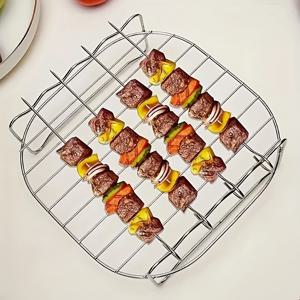 TEMU 스테인리스 스틸 에어 프라이어 랙 액세서리, 라운드 꼬치 홀더와 4개의 로스팅 스틱 포함, 대부분의 에어 프라이어 호환, 다기능 그릴과 요리에 적합한 꼬치 및 식기 세척기 사용 가능|에어프라이어