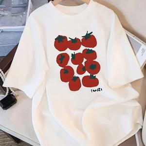 TEMU 여성용 부드럽고 통기성이 좋은 토마토 프린트 티셔츠 - 캐주얼한 반팔 폴리에스터 상의, 여름 의상에 완벽한 블랙 컬러, 토마토 디자인, 가벼우면서 세련된 캐주얼한 의상에 적합|반팔티|티셔츠|반팔티셔츠