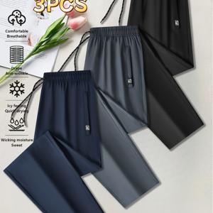 TEMU 세트 3개[3PCS]남성용 운동복 스웨트팬츠 아웃도어 캐주얼 레그 바지 가벼운 아이스 실키 빠른 건조 창의적인 지퍼 포켓 단색 봄/가을/여름 남성용 팬츠
