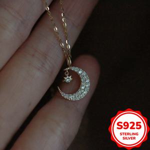 TEMU 스테링 실버 S925 우아한 별과 달 펜던트 목걸이, 5A 자이콘, 14K 금박, 가벼운 2.6g, 합성 돌, 일상 및 선물 여성용 보석