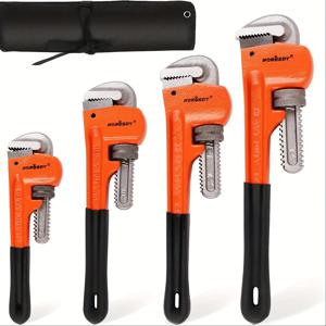 TEMU 호러스디 4종 세트 헤비듀티 파이프 렌치, 조절 가능 8인치 10인치 12인치 14인치 소프트 그립 배관 렌치 세트 (보관 가방 포함)