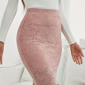 TEMU 여성용 우아한 레이스 트림 바디콘 스커트 - 연핑크 반투명 스트레치 미디 스커트, H라인 슬림핏 봄/여름 캐주얼 & 포멀 웨어, 세탁기 사용 가능, 귀여운 스커트, 편안한 착용감