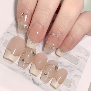 TEMU 가을과 겨울을 위한 우아한 신부 네일 패치 - 글로시 마무리, 글리터 및 기하학적 액센트가 있는 누드 발레 단 네일 팁