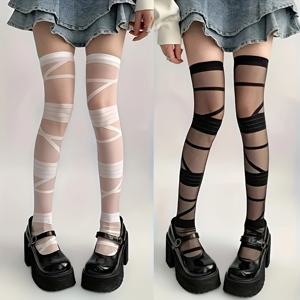 TEMU 2 쌍 블랙 화이트 Y2K 허벅지 위 소크, 기하학적 패턴, 바인딩, JKTie, Kawaii