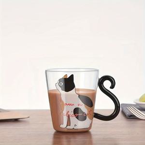 TEMU 귀여운 고양이 디자인 유리 커피 머그잔, 손잡이 포함, 300ml 내열성 창의적인 고양이 테마 음료 유리잔, 가정 및 사무실 사용 가능