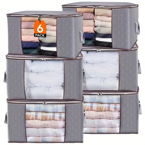 TEMU 6-Pack 회색 접이식 핸들付き 보관 백, 다목적 옷장 정리함, 부직포 소재, 투명 창, 내구성 지퍼, 가정 옷장 정리용