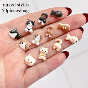 TEMU 새로운 50개 카툰 고양이와 물고기 귀여운 일본 혼합 네일 아트 DIY 수지 보석 수제 착용 네일 액세서리 재료 패키지|네일재료