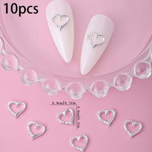 TEMU 10개 하트 모양 라인스톤 장식, 골드와 실버 홀로우 러브 네일 아트 장식, 무향 네일 장식, DIY 매니큐어 및 페디큐어, 데이 네일 아트 액세서리