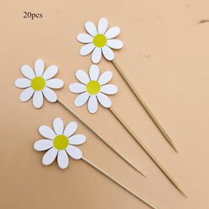 TEMU 20개 화이트 데이지 꽃 케이크 토퍼 - 결혼식, 생일 및 파티 축하를 위한 노란색 중심의 목재 컵케이크 장식, 파티 용품 | 축제 케이크 토퍼 | 목재 케이크 토퍼, 케이크 장식 용품