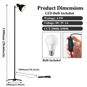 TEMU 1pc GDLUOAO 58인치 산업용 플로어 램프, 푸시 버튼 제어가 가능한 조광 LED 독서 조명, 거실, 침실, 서재, 사무실 장식을 위한 조절 가능한 금속 스탠딩 코너 조명, USB 전원, 3000-6500K