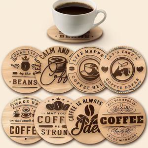 TEMU 8pcs 나무 커피 주제 코스터 세트, 손세탁 가능, 전기 필요 없음, 가정, 바, 사무실에 다양하게 사용할 수 있는 3.93인치 직경의 파티 및 일상 사용