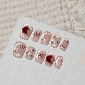 TEMU 10pcs 핸드메이드 네일 세트 - 핸드 스queezer 사과 3D 효과 - 스파크링 캣 아이 - 다이아몬드가 달린 레드 보우|네일