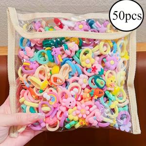 TEMU 50/100pcs 컬러풀한 만화 과일, 채소, 동물 및 꽃 헤어 타이 - 탄력 있는 밴드가 있는 밝은 플라스틱 헤어 밴드, 포니테일 및 브레드에 적합, 다양한 색상 (분홍색, 노란색, 파란색, 녹색, 보라색, 오렌지색), 귀여운 헤어 액세서리