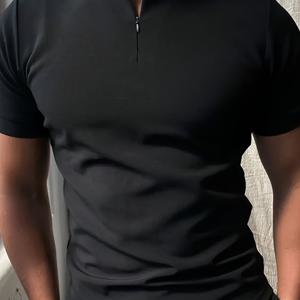 TEMU 남성용 슬림핏 여름 운동용 티셔츠 - 블랙, 반팔, 하프지퍼, 단색, 러닝 및 트레이닝용 경량 폴리에스터 캐주얼웨어, 체육관 셔츠