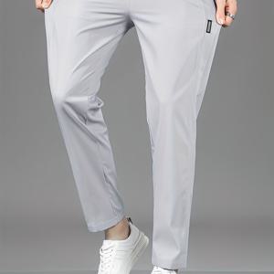 TEMU 남성용 경량 빠른 건조 캐주얼 팬츠 - 슬림핏 레그, 아이스 실크 원단, 회색 지퍼 디테일 및 사이드 포켓, 여름 편안함을 위한 통기성 폴리에스터 혼방, 편안한 의류 | 캐주얼 레그 | 사이드 포켓 기능