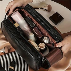 TEMU 1pc 럭셔리 여성용 다기능 메이크업 포켓 - 대용량 휴대용 화장품 정리함, PU 소재, 냄새 없는, 브러시 및 화장품 보관 공간 포함, 미용 필수품 정리함| 세련된 메이크업 가방| 내구성 있는 지퍼 잠금, 메이크업 가방|파우치