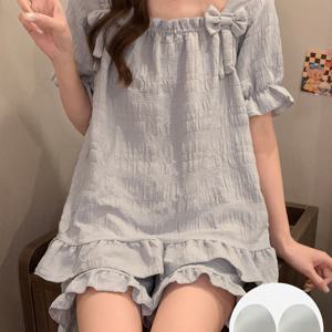 TEMU 여성용 반팔 파자마 세트, 내장 패딩 포함 - 라이트 블루, 스퀘어 넥, 짧은 길이, 단색, 여름 캐주얼 웨어, 두 개 세트, 달콤한 스타일, 성인 크기, 캐주얼 여름 웨어|스퀘어 넥 파자마|제거 가능한 패딩