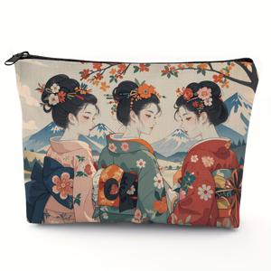 TEMU 1pc 레트로 일본 우아한 여성 패턴 메이크업 가방, 여행 세탁 가방, 휴대용 동전 카드 지갑, 연필 케이스, 폴리에스터 섬유, 캐주얼 스타일, 지퍼 메이크업 포켓, 향수 없는, 다기능, 가벼운, 여행 준비를 위한, 청소년 선물