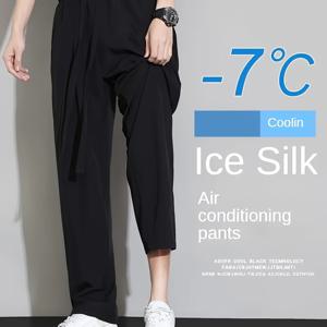 TEMU 남성 아이스 실키 와이드 레그 팬츠 - 통기성, 루즈핏, 컷, 캐주얼 여름 스타일, 드로스트링 허리, 빠른 건조 나일론 원단, 주말 착용에 완벽, 다재다능한 패션 팬츠 | 레그 팬츠 | 드로스트링 허리띠, 여름용 바지
