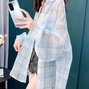 TEMU 여성용 녹색 체크무늬 어깨 없는 셔츠 - 가벼우며 통기성이 좋은 자외선 차단 기능이 있는 루즈핏 캐주얼 여름 상의, 버튼 디테일 포함 캐주얼 여름 상의|체크무늬|통기성이 좋은 소재|가디건|셔츠|옷