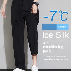 TEMU 남성용 여름 쿨 아이스 실키 레그 캐주얼 팬츠, 블랙, 신축성 있는 허리밴드와 끈 조절 가능, 지퍼 포켓, 편안하고 통기성이 좋은 캐주얼 의상용