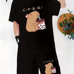 TEMU 남아 패션 세트, 청소년 여름 시원하고 통기성이 좋은 폴리에스테르 스ूट - 캥거루와 보바 차이 귀여운 새로운 스타일 프린트 티셔츠와 반바지, 스포츠, 캐주얼, 야외 착용에 적합, 야외 착용에 적합