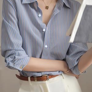 TEMU 여성용 연한 파란색 세로 줄무늬 칼라 셔츠 - 우아한 프렌치 스타일 긴팔 버튼업 블라우스, 봄/여름 캐주얼 및 정장용 기계세탁 가능 레귤러 핏, 비침 방지 원단, 여성용 블라우스