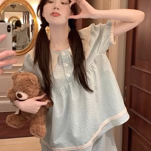 TEMU 여름 한국 스타일 귀여운 인형 칼라 체크무늬 반팔 쇼츠 홈웨어 세트