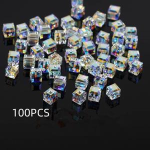 TEMU 100개의 반짝이는 4/6/8mm 오스트리아 인공 사각 비즈, 밝은 캔디 컬러 투명 비즈, DIY 주얼리 만들기 용품, 목걸이 및 팔찌 공예 비즈, 우아한 예술과 재봉 액세서리 장식 비즈