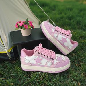 TEMU 여성용 컬러블록 캐주얼 운동화, 부드러운 소프트 솔 플랫폼 스케이트화, 별무늬 장식 걷기용 트레이너