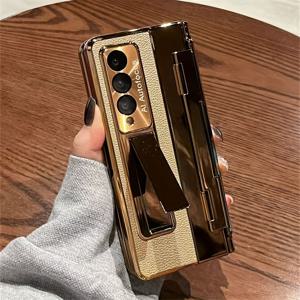 TEMU Z Fold4/5 모바일 폰 케이스에 적합한 전기도금된 곡물 가죽 Fold3 플랫 힌지 쉘 필름 방탄 보호 커버|폰케이스