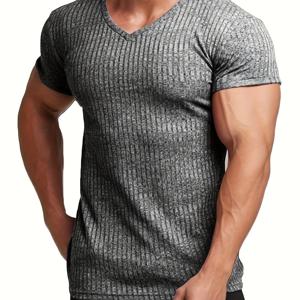 TEMU 남성을 위한 단색한 원인 V넥 반팔 티셔츠, 일상적인 착용과 휴가 리조트를 위한 캐주얼한 여름 티셔츠