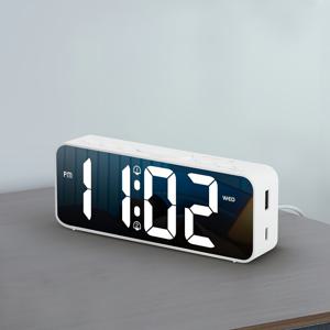 TEMU 침실용 1개 디지털 알람 시계, USB & Type-C 충전 포트, 알람 볼륨 조절, 조광기, DST, 12/24H, 온도 표시, 이중 알람, LED 책상 시계 거울 표면-화이트(배터리 미포함)
