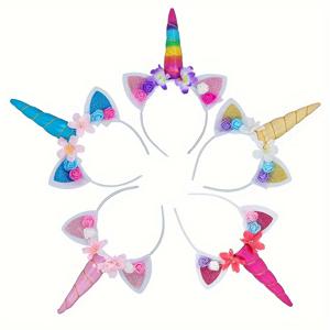 TEMU 5pcs 스파클링 유니콘 호른 헤드밴드, 글리터 고양이 귀와 꽃 액센트가 있는 플라스틱, 테마, 깃털 없음, 코스프레, 생일, 결혼식, 브리드얼 샤워, 졸업, 휴일 축하식 포함, 크리스마스, 할로윈, 부활절, 추수 감사절 등