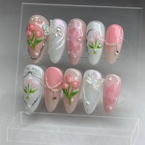 TEMU 10개 수제 Y2K 심플 패션 스타일 네일 스티커 세트 - 튤립 진주 패턴 3D 젤 디자인, 진주 장식과 광택 효과가 있는 물방울 모양, 학생, 사무실 여성, 축제, 파티, 댄스, 데이트, 휴가, 일상 사용 등에 적합|젤네일|네일스티커