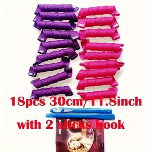 TEMU /45/55/65cm 18개 매직 헤어 컬러 헤어 롤러, 휴대용 무열 스파이럴 헤어 컬러 롤러, DIY 헤어 액세서리 도구 키트와 스타일링 후크 포함