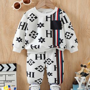 TEMU 2pcs 남학생 캐주얼 니트 란제리 세트 - 알파벳 프린트 크루넥 긴팔 상의 및 바지, 폴리에스테르 및 스판덱스 혼방, 중간 신축성, 봄/가을 데일리 및 아웃도어 착용