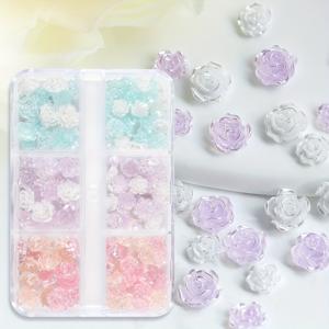 TEMU 6구획 박스 혼합 3D 아이스-투명 장미 레진 네일 아트 참 - DIY 매니큐어 페디큐어용 파스텔 카멜리아 플로랄 장식, 다양한 색상, 반짝이는 마감