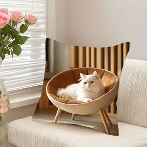 TEMU 1개 귀여운 흰 고양이 달걀 모양 침대 베개 커버, 18x18인치 - 현대적 스타일의 나무 프레임 & 핑크 장미, 지퍼 클로저, 세탁기 사용 가능한 폴리에스테르 - 거실 & 침실 장식에 이상적 (베개 커버 미포함)
