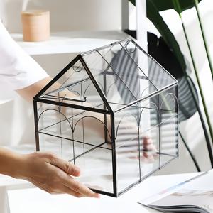 TEMU 1개 고급 옵션 골드/블랙 유리 컨테이너 뚜껑 포함, 유리 온실, 기하학적 유리 컨테이너 화분, 선인장, 작은 다육식물에 적합 - 홈 실내외 데스크탑 하우스 모양 폐쇄 장식 상자, 정원 장식|화분
