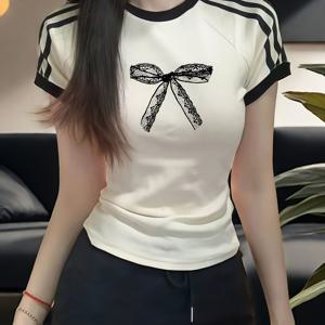 TEMU 봄과 여름용 여성용 4줄무늬 반팔 티셔츠, 프론트 프린트, 핫 스타일, 패션 청소년 모델, 다용도 고급 슬리밍 탑