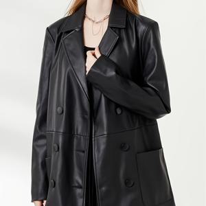 TEMU 여성용 시크한 블랙 PU 가죽 - 라펠 칼라가 있는 더블브레스트 긴팔 재킷, 봄 & 가을 캐주얼 루즈핏
