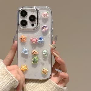 TEMU 스타피시와 버블 디자인을 특징으로 하는 귀여운 3D 에폭시 폰 케이스, 아이폰 모델 16, 15, 14, 13, 12 프로 맥스 플러스 및 11에 적합한 보호 백 커버와 렌즈 플레팅이 있습니다.