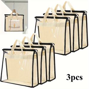 TEMU 3pcs 클리어 PVC 걸이형 정리 가방, 블랙 트림, 먼지 방지, 지퍼 보관, 핸드백, 어깨 가방, 지갑, 주방, 옷장, 욕실, 지갑 정리, 지갑 정리 가방, 지퍼 보관 가방, 지갑 정리 가방, 지갑 보관