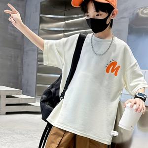 TEMU 소년용 한국 스타일 오버사이즈 드롭 숄더 티셔츠 - 여름 캐주얼 & 파티웨어 오렌지 레터 그래픽, 통기성 좋은 반팔 티, 세탁기 사용 가능, 편안한 청소년 의류 | 패션 청소년 티셔츠 | 중간 탄력 원단