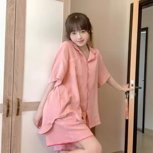 TEMU 여성용 핑크 반팔 파자마 세트 - 우아한 스퀘어 넥, 폴리에스터, 버튼업, 반바지, 여름용, 가벼우면서 편안함, 성인용 잠옷|우아한 잠옷|폴리에스터 소재