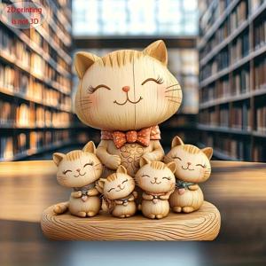 TEMU 매력적인 2D 목제 고양이 가족상 - 손수 제작된 장식, 네 마리의 고양이가 있습니다. 집, 사무실, 책장에 이상적입니다. 야생 동물 애호가를 위한 완벽한 선물 | 계절적인 수집용 조각상, 책장 장식 | 매력적인 장식품 | 손수 제작된 상