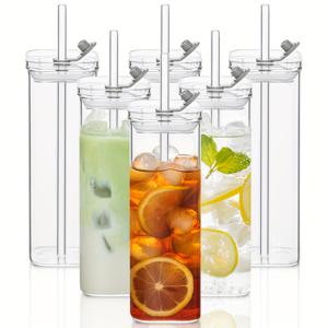 TEMU 6개 세트 17온스/500ml 대형 유리컵, 뚜껑 및 빨대 포함 사각 유리잔 - 아이스 커피/주스/루스터테일용 리브드 투명 드링킹 글라스, 재사용 가능한 빨대와 누수 방지 뚜껑이 있는 모던 텀블러, 음료 용기 세트