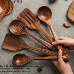 TEMU AIUHI 5피스 나무 요리 숟가락 세트, 자연 티크 목재 주방 스패출러 세트, 스커머 숟가락 우드 터너 커트러리 세트, 나무 스패출러 수프 스쿱 티크 슈트